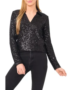 Long Sleeve Sequin Polo Top