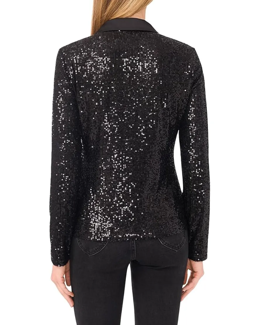 Long Sleeve Sequin Polo Top