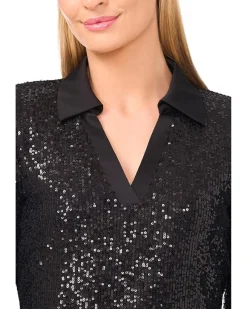 Long Sleeve Sequin Polo Top