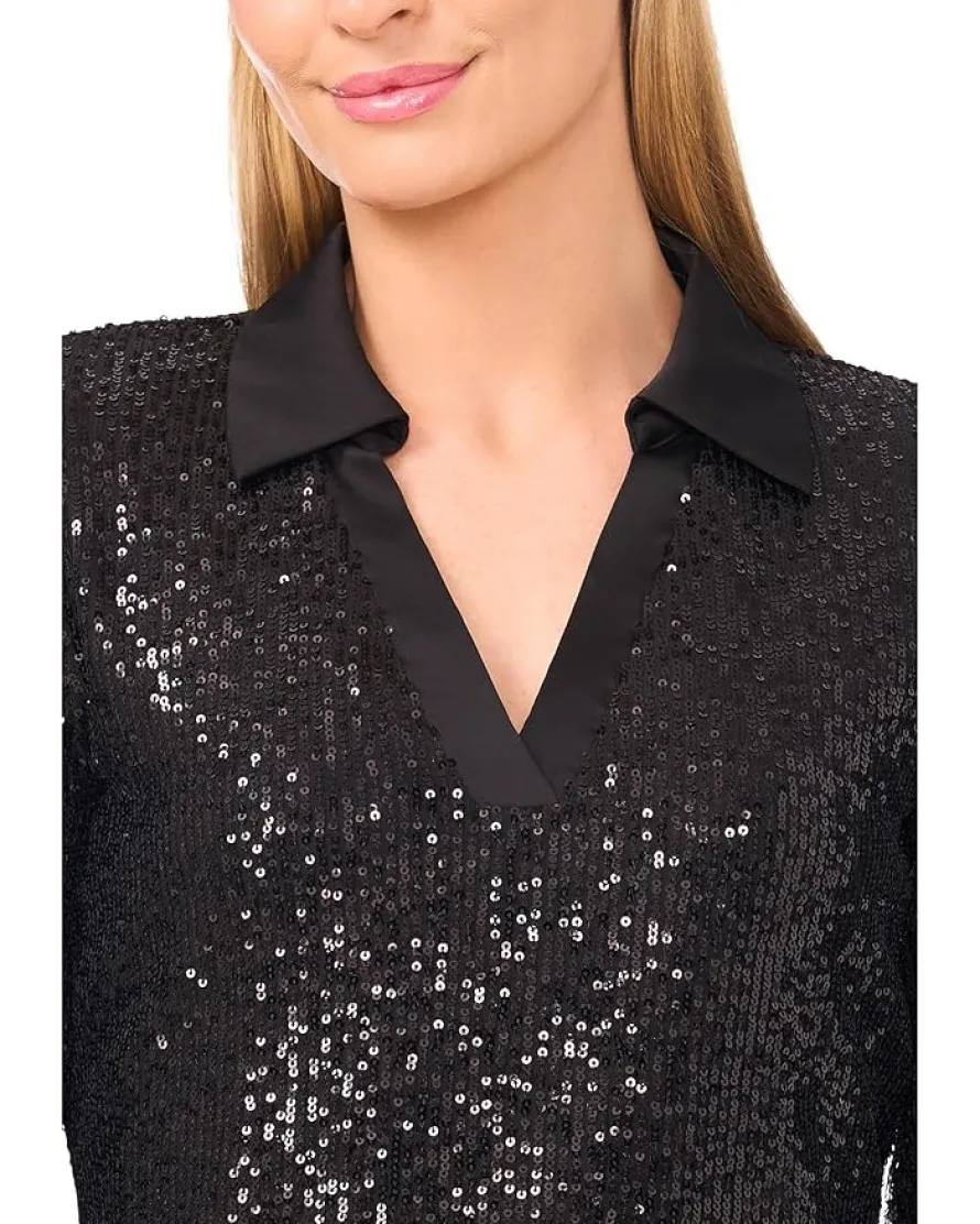 Long Sleeve Sequin Polo Top