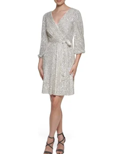 Long Sleeve Sequin Surplice Faux Wrap