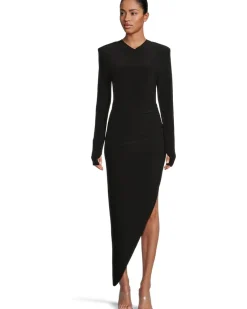 Long Sleeve Shoulder Pad V-Neck Side Drape Gown
