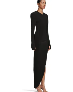 Long Sleeve Shoulder Pad V-Neck Side Drape Gown