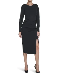 Long Sleeve Solid Rouched Midi