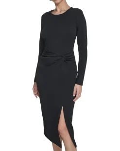 Long Sleeve Solid Rouched Midi