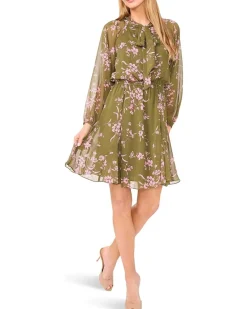 Long Sleeve Tie Neck Printed Dress