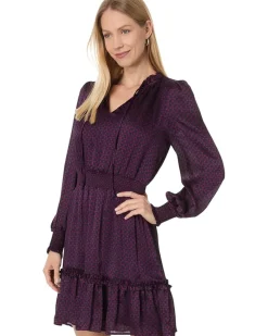 Long Sleeve Tie Neck Short Dress With Smocked Waist