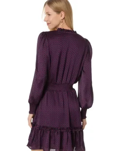 Long Sleeve Tie Neck Short Dress With Smocked Waist