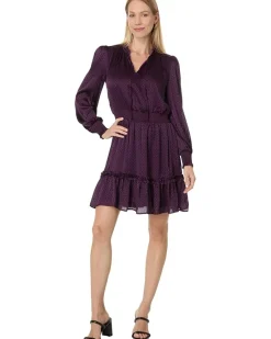 Long Sleeve Tie Neck Short Dress With Smocked Waist