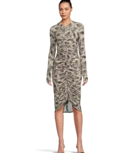 Long Sleeve V-Neck Shirred Front Dress To Knee