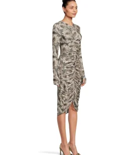 Long Sleeve V-Neck Shirred Front Dress To Knee