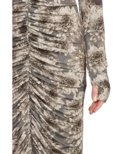 Long Sleeve V-Neck Shirred Front Dress To Knee