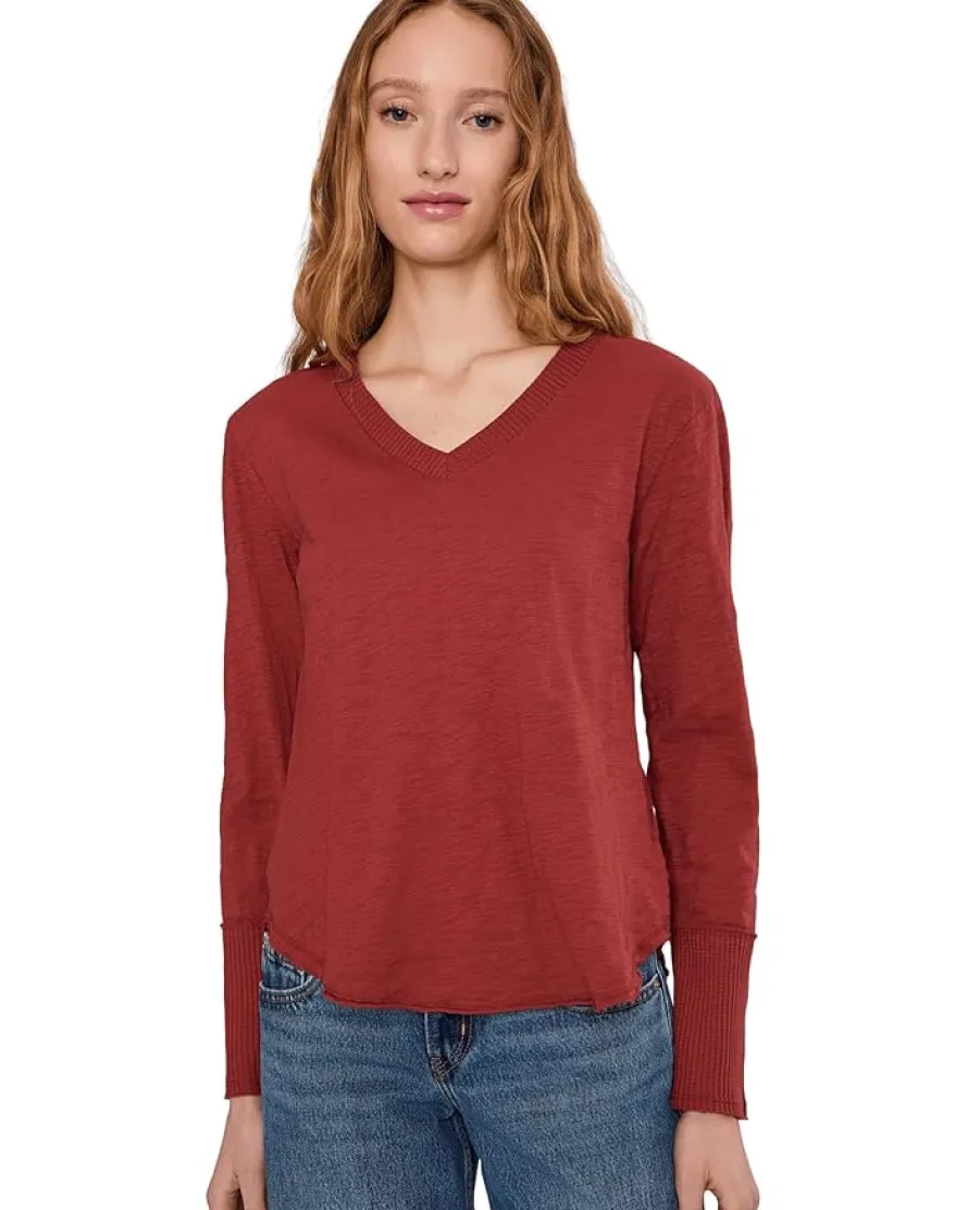 Long Sleeve Waffle Mix V-Neck Top