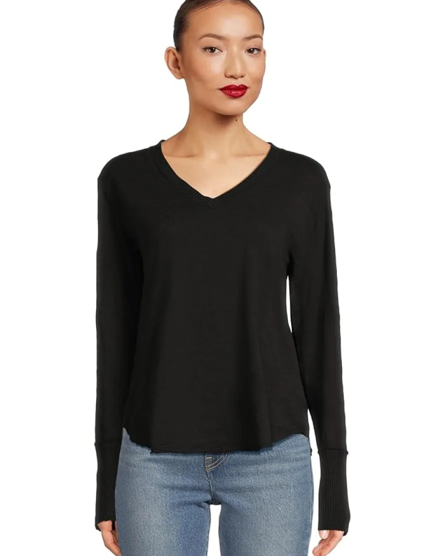 Long Sleeve Waffle Mix V-Neck Top