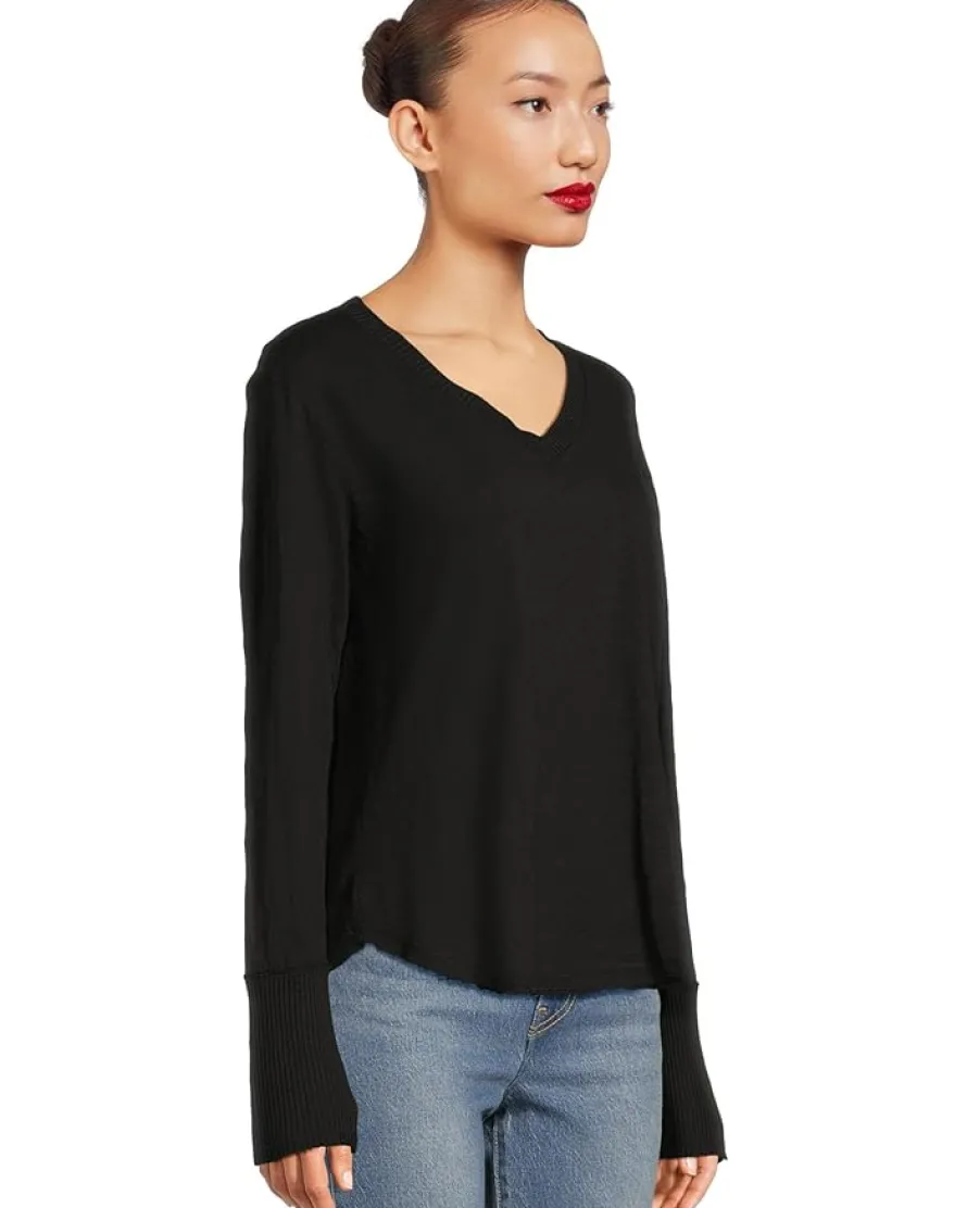 Long Sleeve Waffle Mix V-Neck Top