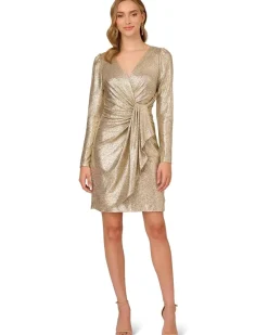 Metallic Foil Knit Draped Cocktail Dress