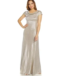 Metallic Knit Drape Neck Gown