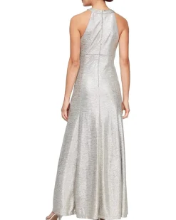 Metallic Knit Long Halter Neck Dress with Ruched Waist