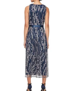 Midi Length Embroidered Dress with Satin Tie Belt