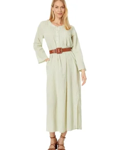 Mini Stripe Gauze Roll-Up Sleeve Henley Stripe Dress