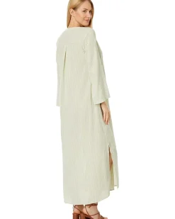 Mini Stripe Gauze Roll-Up Sleeve Henley Stripe Dress