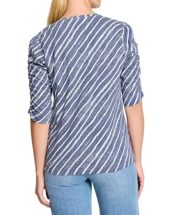 Mixed Stripe Ruched Sleeve Tee