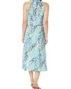 Mock Neck Printed Water Color Midi Dress