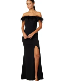 Off-the-Shoulder Long Scuba Crepe Feathers