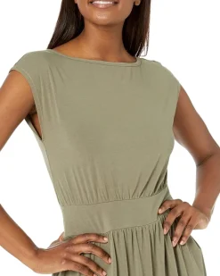 Organic Jersey Cap Sleeve Shirred Boatneck Dress