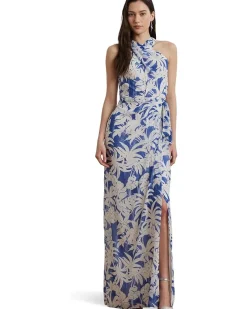 Palm-Frond-Print Georgette Halter Gown