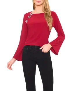 Pearl Bow Applique Long Sleeve Knit Top