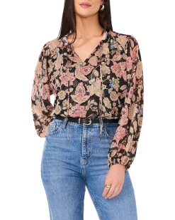 Peasant Split Neck Long Sleeve Blouse With Ties