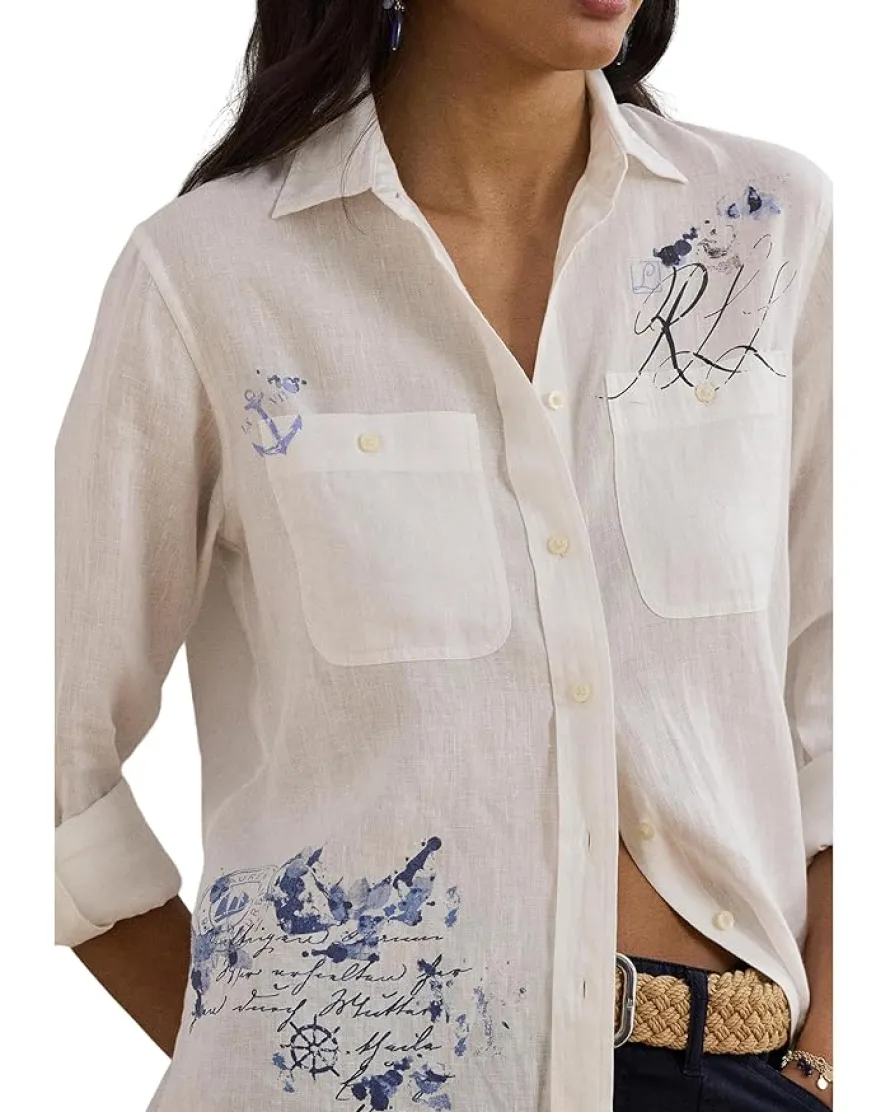 Petite Relaxed Fit Print Roll-Tab Sleeve Shirt