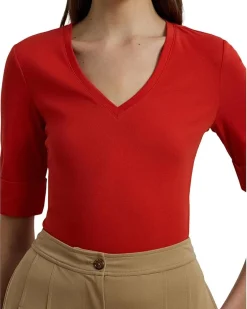 Petite Stretch Cotton Elbow-Sleeve V-Neck Tee