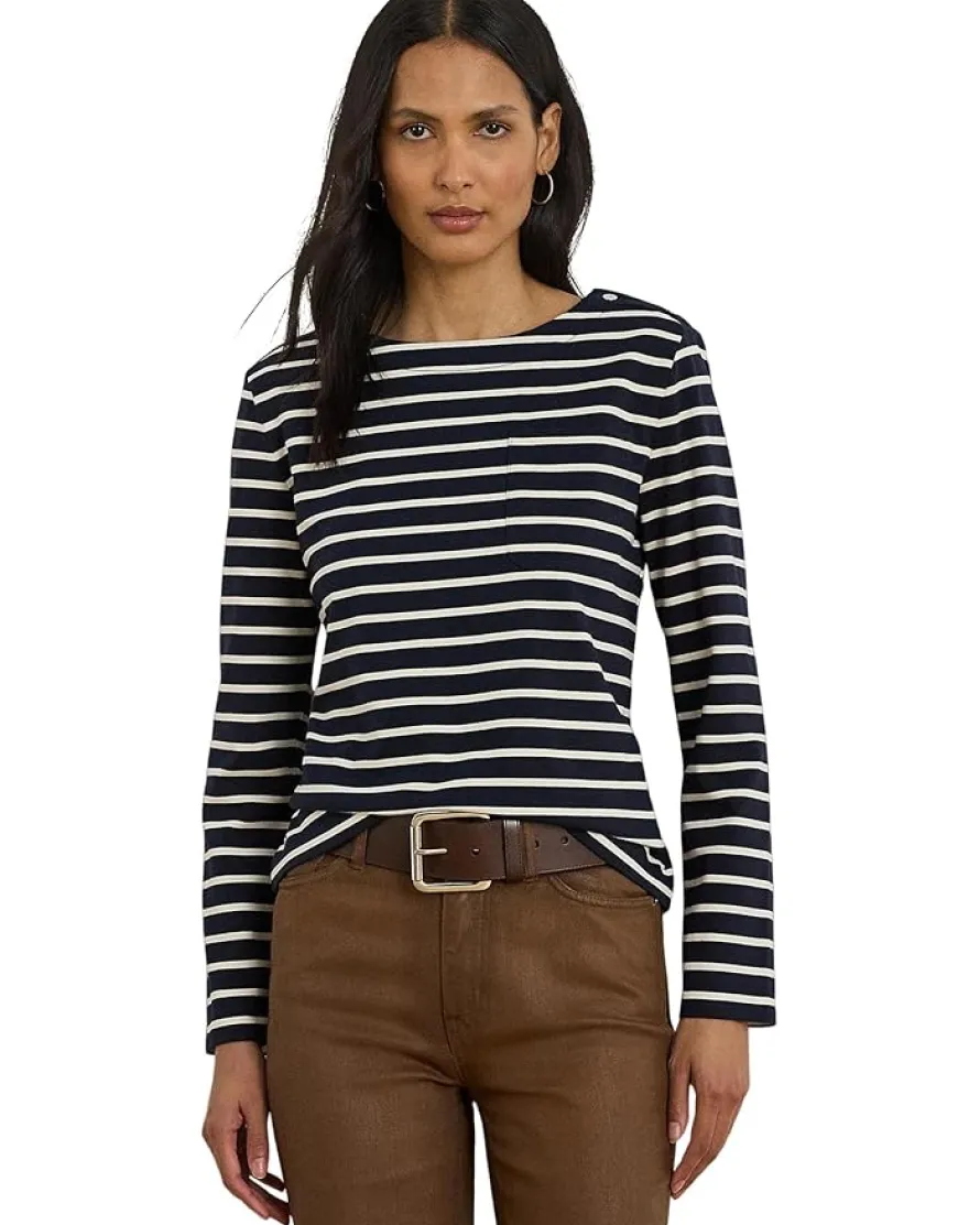 Petite Striped Jersey Snap-Trim Boatneck Top