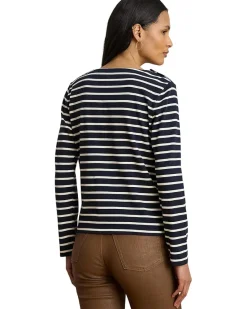 Petite Striped Jersey Snap-Trim Boatneck Top