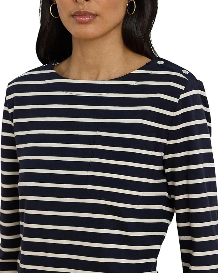 Petite Striped Jersey Snap-Trim Boatneck Top