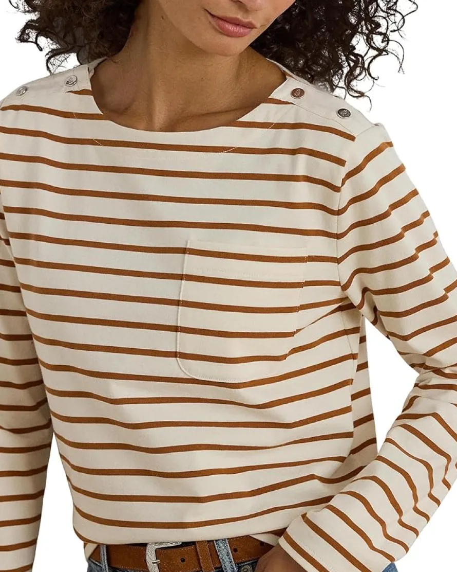 Petite Striped Jersey Snap-Trim Boatneck Top