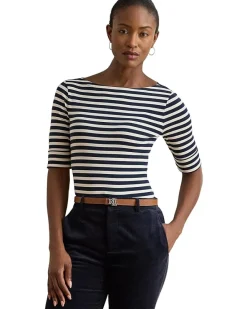 Petite Striped Stretch Cotton Boatneck Tee