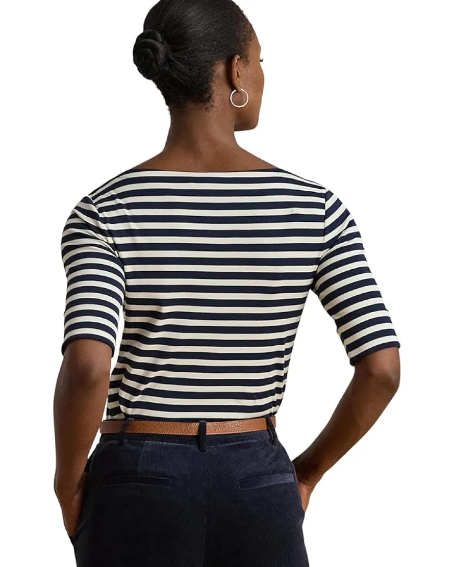 Petite Striped Stretch Cotton Boatneck Tee