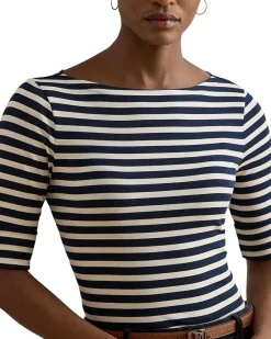 Petite Striped Stretch Cotton Boatneck Tee