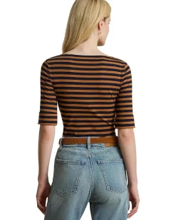 Petite Striped Stretch Cotton Boatneck Tee