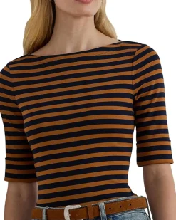 Petite Striped Stretch Cotton Boatneck Tee
