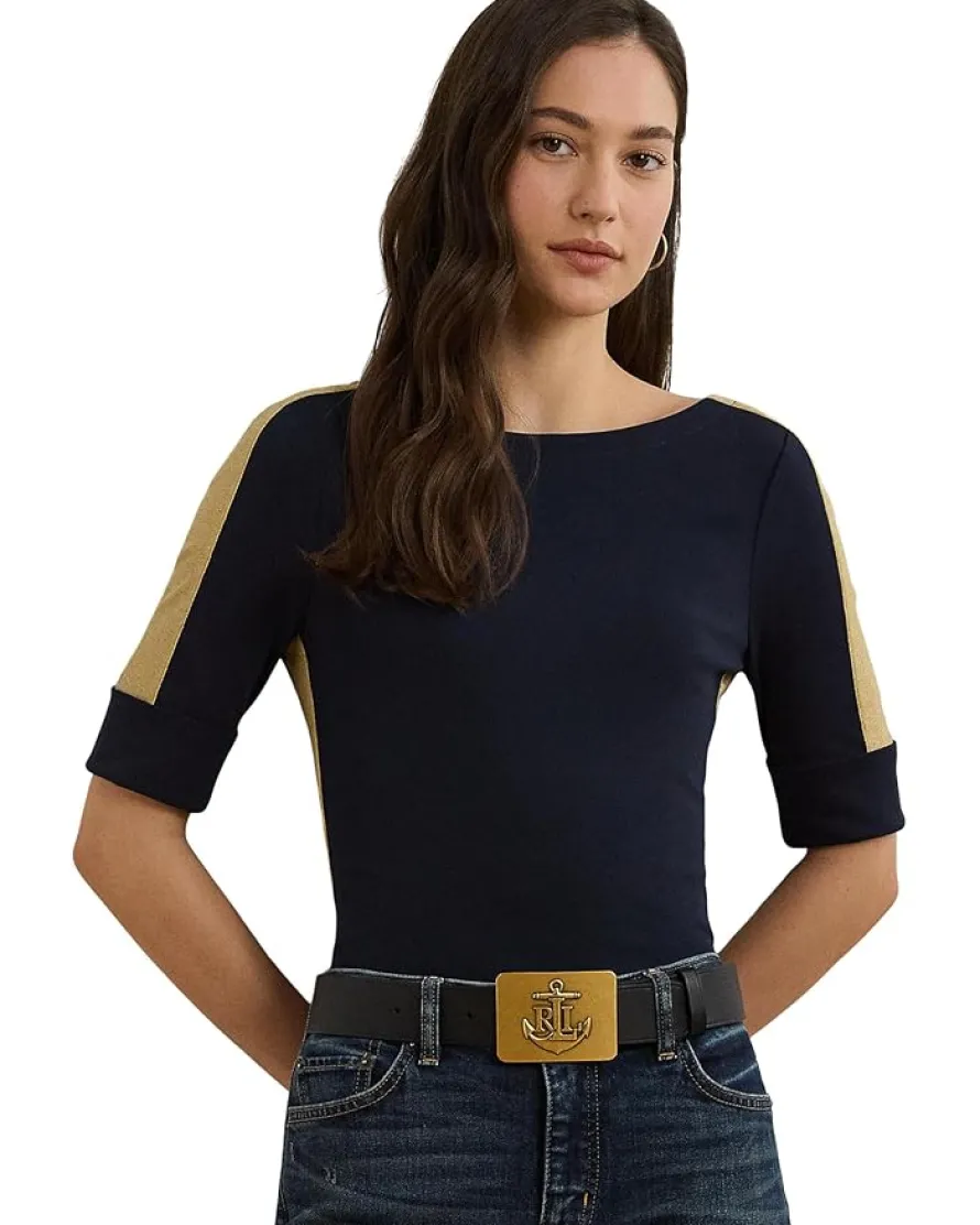 Petite Two-Tone Stretch Cotton Elbow-Sleeve Tee