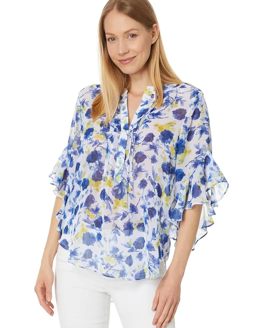 Pintuck Flutter Slv Henley Blouse