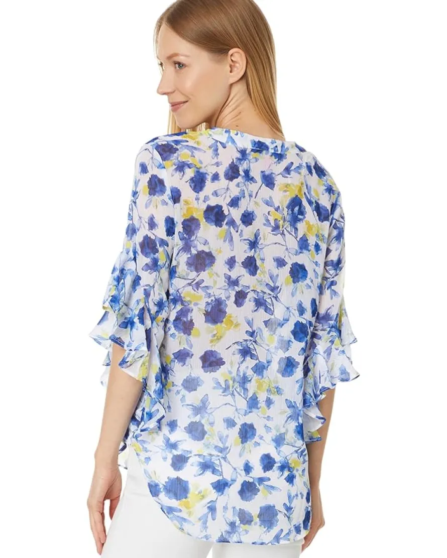 Pintuck Flutter Slv Henley Blouse