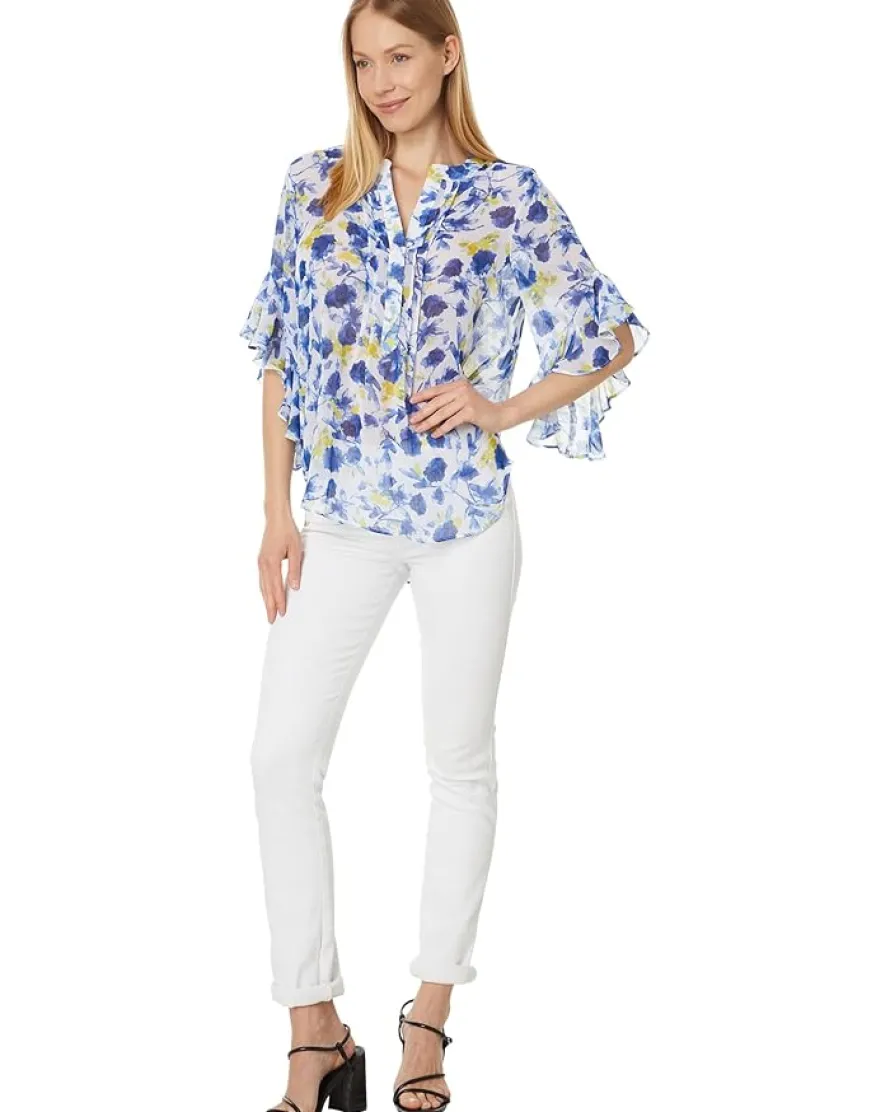 Pintuck Flutter Slv Henley Blouse
