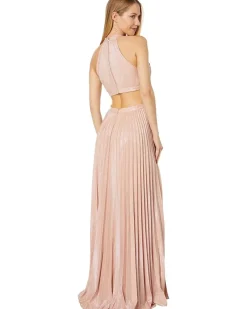 Pleated Metallic Cross Neck Evening Gown