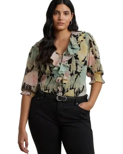 Plus Size Floral Georgette Ruffle-trim Blouse