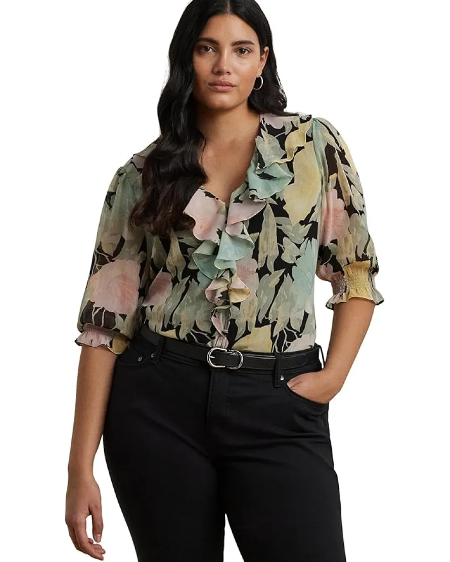 Plus Size Floral Georgette Ruffle-trim Blouse